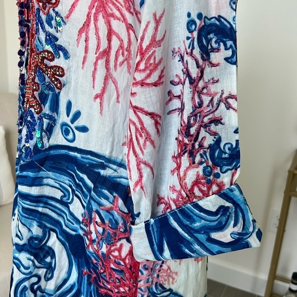 Antica Sartoria Beach Shirt Dress Button Front Cover Up Resort Wear Sequin Small - Picture 9 of 15